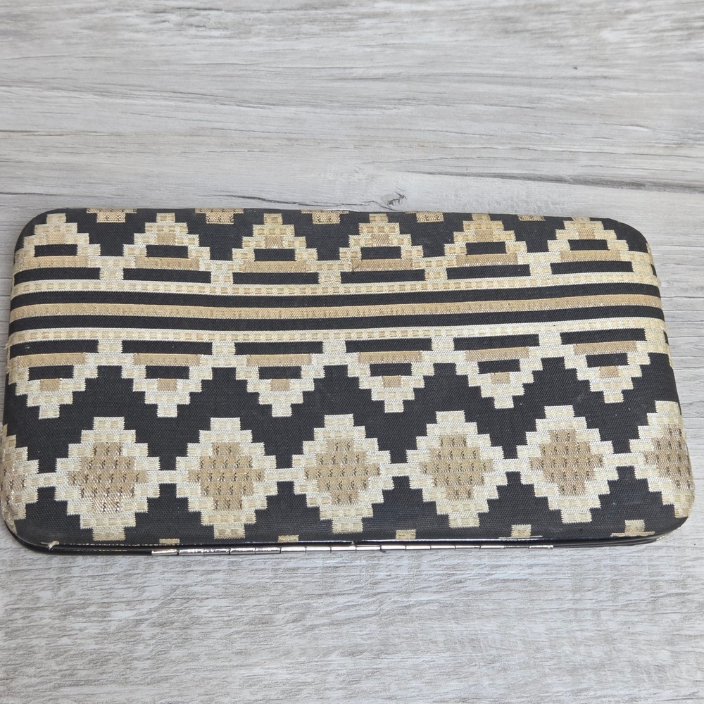 Maurices Geometric Print Wallet Clutch Organizer Black Tan Gold Snap Frame
